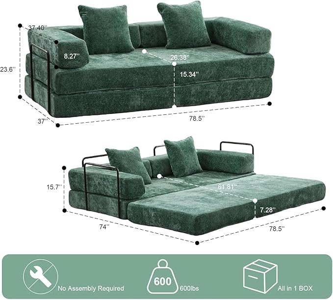 Convertible Sleeper Sofa Bed with Fixed-Shape Frame Floor Sofa Lounge Couch with Cylindrical Pillow Chenille Folding Mattress Couch for Living Room Bedroom-Dark Green