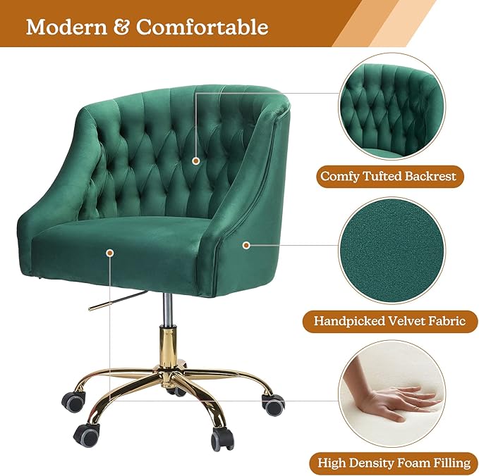 Velvet Home Office Chair with Gold Base Comfortable Modern Cute Desk Chair Adjustable Swivel Task Chair for Living Room Bedroom Vanity Study Green