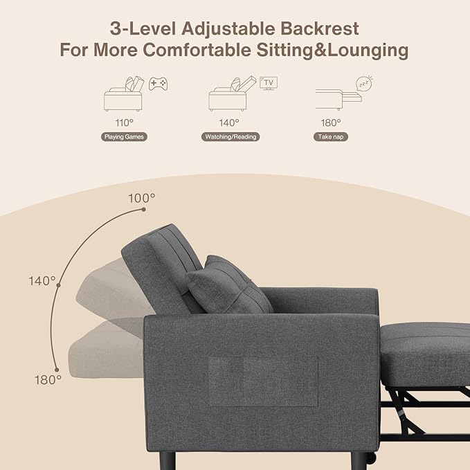 Aiho Sleeper Sofa Chair with Bed 3-in-1 Convertible Sofa Bed in Modern Linen Fabric for Apartment Living Room Study Dark Gray