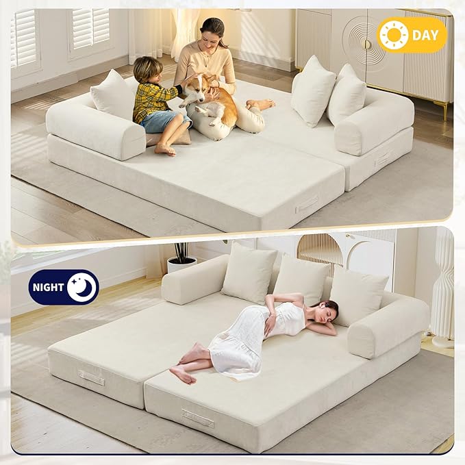 3 in 1 Convertible Futon Sofa Bed Modern King Size Chenille Loveseat Sleeper Sofa Folding 3-Seater Foldable Lounger Couch Bed for Living Room Bedroom Guest Room (Beige 3 Throw Pillows)