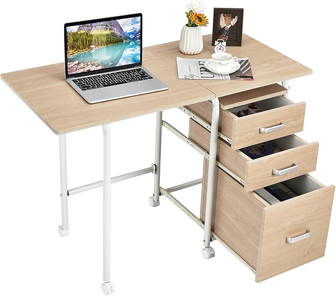 Tangkula Folding Computer Desk with 3 Drawers Mobile Home Office Desk Portable Laptop Desk Writing Table Space Saving Compact Desk for Small Spaces Dorm Apartment