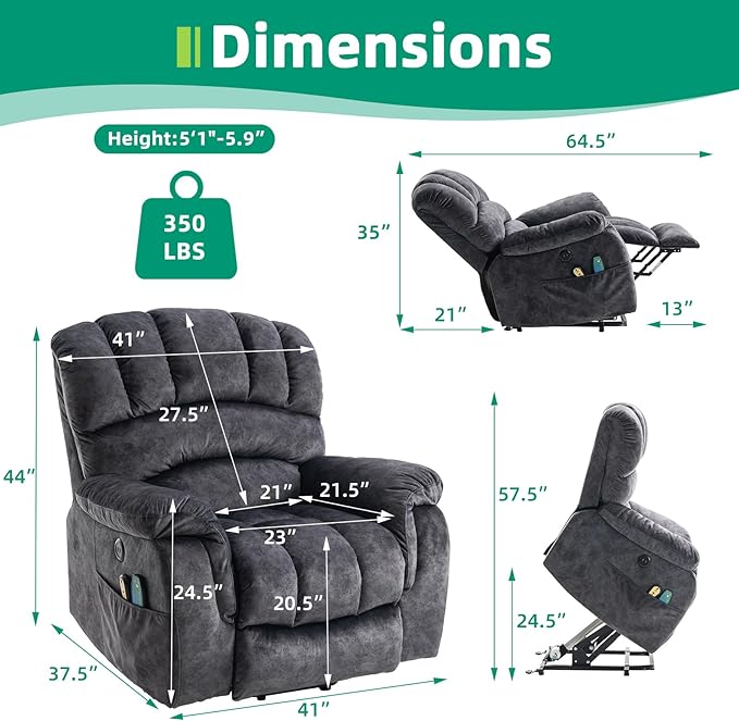 VIVIJASON Large Power Lift Chair Electric Recliner Chair with Heat &amp Massage for Elderly Big People Overstuffed Wide Electric Recliner with 2 Remote Controls Side Pockets &amp USB Ports Dark G