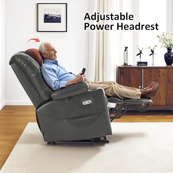 MCombo Large Triple Motor Power Lift Recliner Chair with Massage and Dual Heating Adjustable Headrest for Tall Elderly People Faux Leather 7634 (Dark Grey Large)