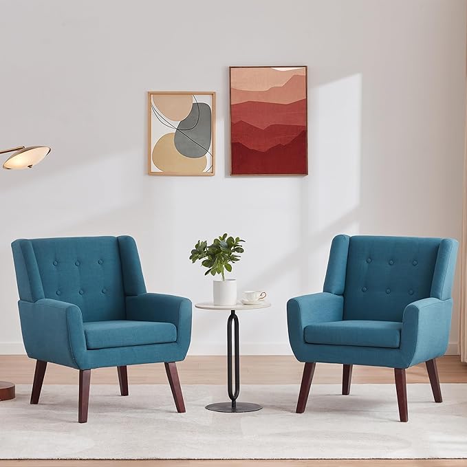 HUIMO Accent Chair Set of 2 Upholstered Button Tufted Armchair Linen Fabric Sofa Chairs for Bedroom Living Room Mid Century Modern Comfy Reading Chair (2Lake Blue)