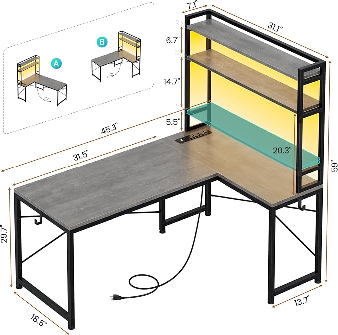 SEDETA L Shaped Computer Desk 45.3” Small Office Desk Corner Compuer Desk with Hutch LED Lights Power Outlet Storage Shelves and Hooks for Home Office Grey