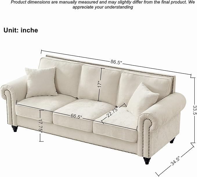 KEIKI 87 Oversized Chenille Sofa with Rolled Arms and Nailhead Trim Upholstered Modern Style 3-Seater Couch with High-Density Foam Cushions Easy Assembly for Apartment Living Room Beige