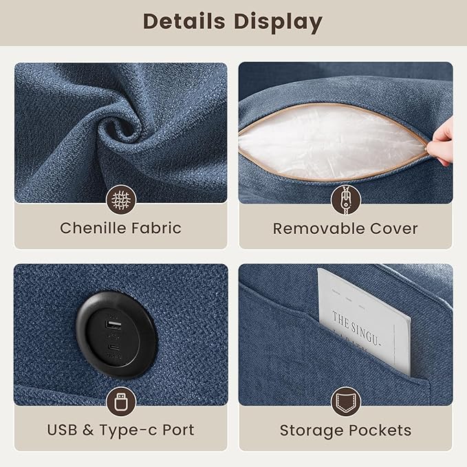PARKOL 99 L-Shaped Sectional Couch with Storage Sofa with Reversible Chaise USB Type-C Charging Chenille Fabric Removable Cushion Covers for Small Space Apartment Living Room Blue