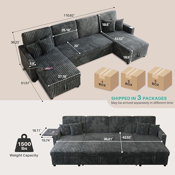 110 Sleeper Sectional Sofa Comfy U Shaped Couch with Pull Out Bed Convertible Corduroy Cloud Sofa with Double Storage Chaise USB Small Desktop Modular Couch for Living Room Dark Grey