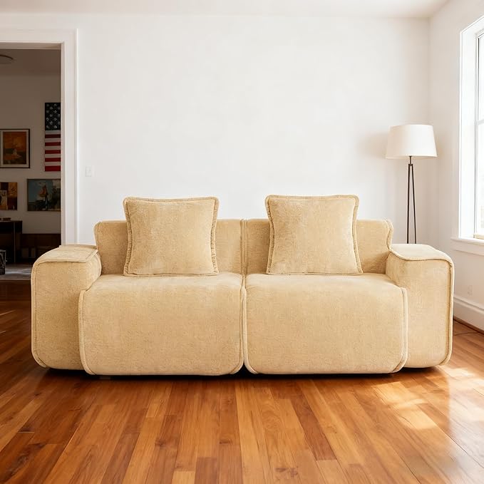 Casaphoria Velvet Modular Sofa 78.74 Inch Light Camel 2-Seater Couch with 2 Removable Pillows No Assembly Required Ideal for Apartments &amp Small Living Rooms