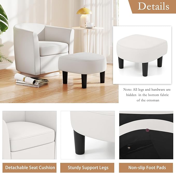 KOMFOTT Swivel Barrel Chair with Ottoman Upholstered Armchair with Footrest Removable Seat Cushion Linen Fabric Club Reading Sofa Chairs Modern Accent Chair for Living Room Bedroom Creamy