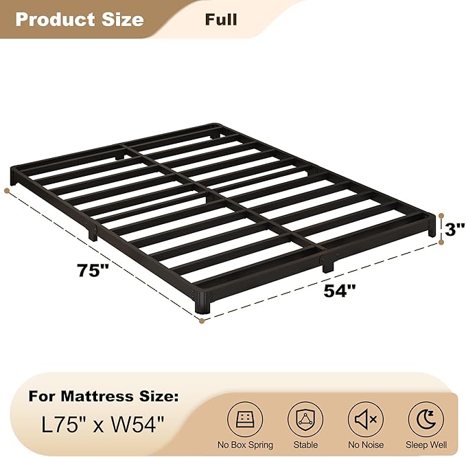 3 inch Low Full Size Bed Frame with Rounded Corner Heavy Duty Metal Easy Assembly Noise Free Black