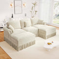 Rovibek 107” U Shaped Couch Chenille Midcentury Modern Sofa with Detachable Ruffle Hem Sectional Couches for Living Room with Throw Pillows &amp 2 Ottoman White