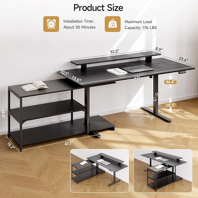ONBRILL L Shaped Standing Desk with File Cabinet 63x24'' Electric Stand Up Desk with Monitor and Storage Shelf Adjustable Height 28-46'' for Home and Computer Workstation Black