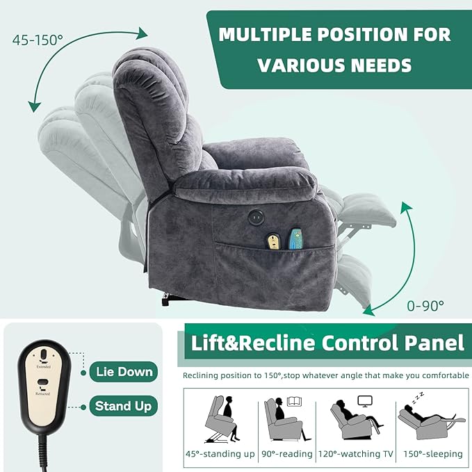 VIVIJASON Large Power Lift Chair Electric Recliner Chair with Heat &amp Massage for Elderly Big People Overstuffed Wide Electric Recliner with 2 Remote Controls Side Pockets &amp USB Ports Dark G