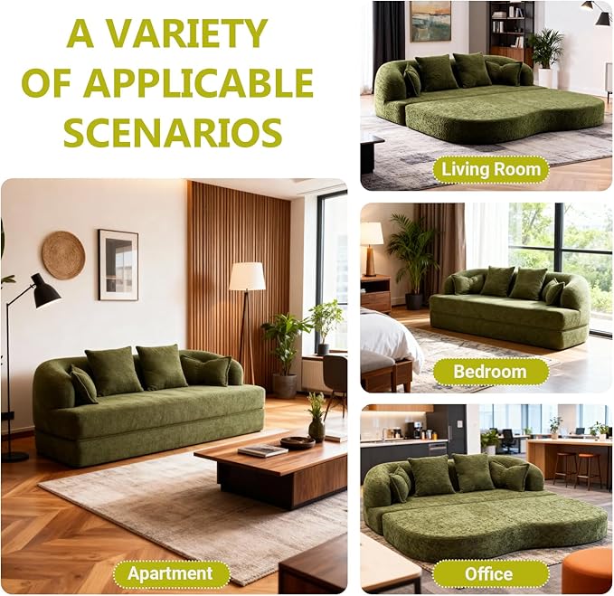 69.9 Folding Sofa Bed Full Sponge Convertible Sofa Bed with Wood Grain Chenille Fabric Easy to Carry Multi-Functional Guest Bed for Living Room Apartment Office