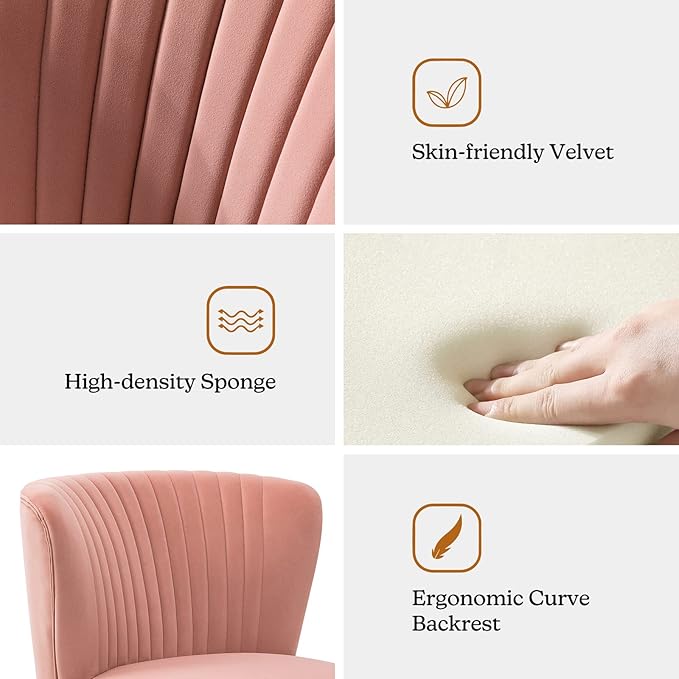 Tina's Home Velvet Armless Accent Chair Upholstered Modern Small Side Chair with Golden Legs Comfy Cute Wingback Slipper Chair for Living Room Study Beauty Room Thickly Padded(Pink)