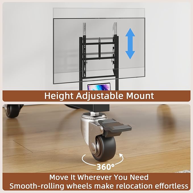 Rolling TV Stand with Wheels and Mount &amp Fabric Drawer - Entertainment Center with Power Outlet and Small TV Stand for Bedroom Living Room - 15 Rustic Brown