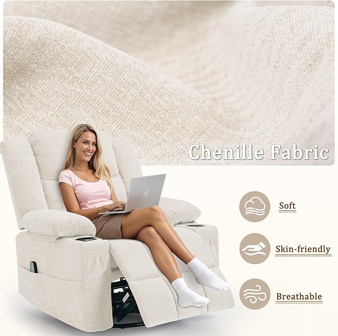 360° Swivel Rocker Recliner for Adults Nursery Glider Recliner with Massage and Heating Rocking Chair with Cup Holder Manual Recliner Chair for Living Room Bedroom (Fabric Beige)