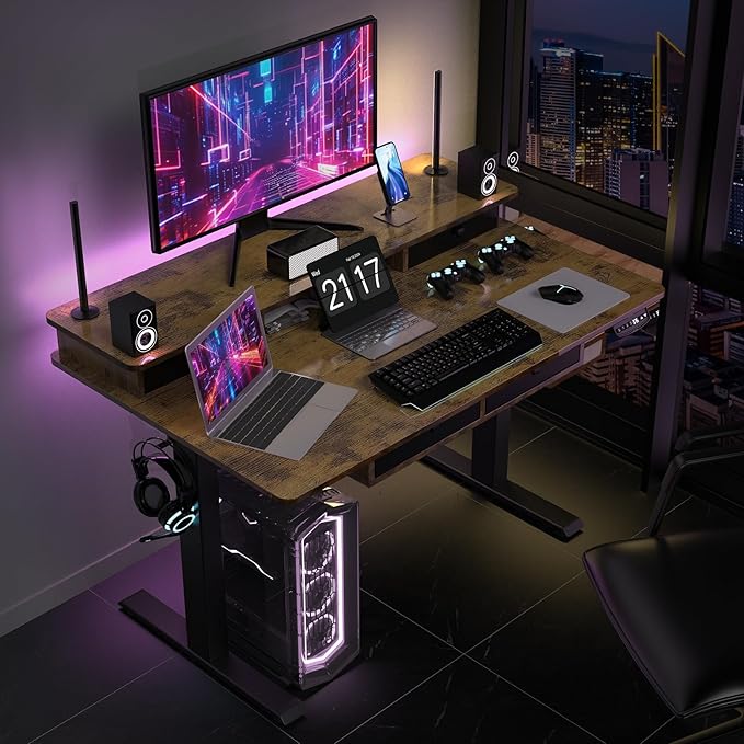 48 * 30 Inches Electric Standing Widened Desk Adjustable Height with 4 Drawers Double Storage Shelves Stand Up Desk Home Office Workstation Sit Stand up Desk (Rustic Brown)
