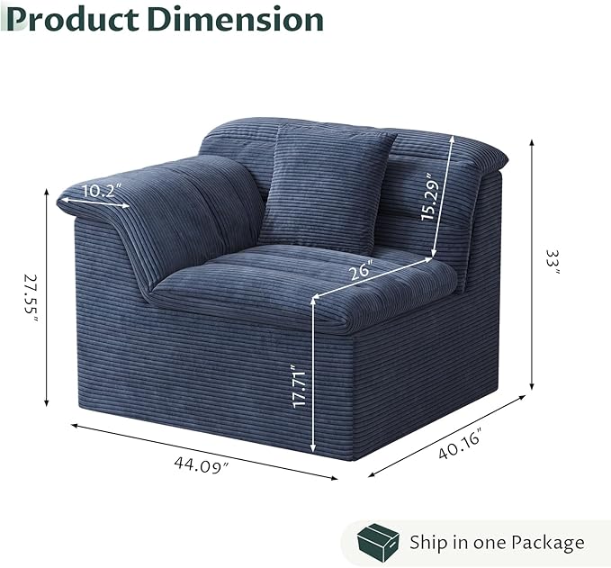 44 Cloud Sectional Couch with Single Arm Modern Compressed Sofa Comfy Sleeper Sofa Corduroy Upholstered Couches for Small Space/Apartment No Assembly Required Blue Left Side