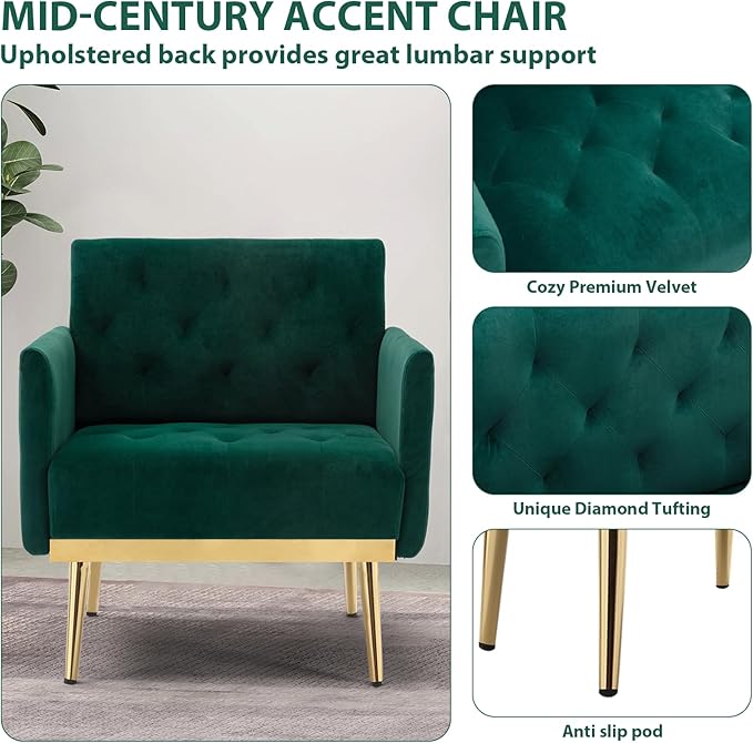 Green Velvet Accent Chairs Set of 2 Comfy Button Tufted Armchair Upholstered Arm Chair Single Sofa Reading Chairs with Arms and Gold Metal Leg for Living Room Bedroom Nursery Office