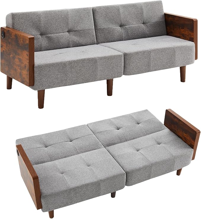 71 Futon Sofa Bed Convertible Couch for Small Spaces – Twin Sleeper with Cotton Fabric &amp Wooden Armrests Grey Upholstered Sofa Bed (Grey)