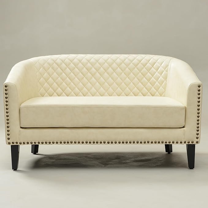 KINWELL 50 Faux Leather Upholstered Loveseat Sofa with 2 Swivel Barrel Accent Chairs Minimalist Comfy 2-Seater Couch and Armchair for Small Spaces Apartment Cream