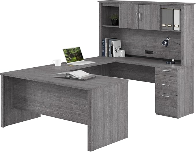 Bestar U or L Shaped Desk with Drawers and Hutch Executive Workstation for Home or Professional Office 66 Inches Logan Collection Bark Grey