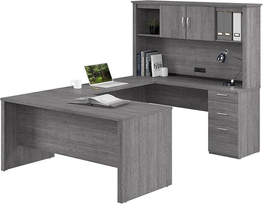 Bestar U or L Shaped Desk with Drawers and Hutch Executive Workstation for Home or Professional Office 66 Inches Logan Collection Bark Grey