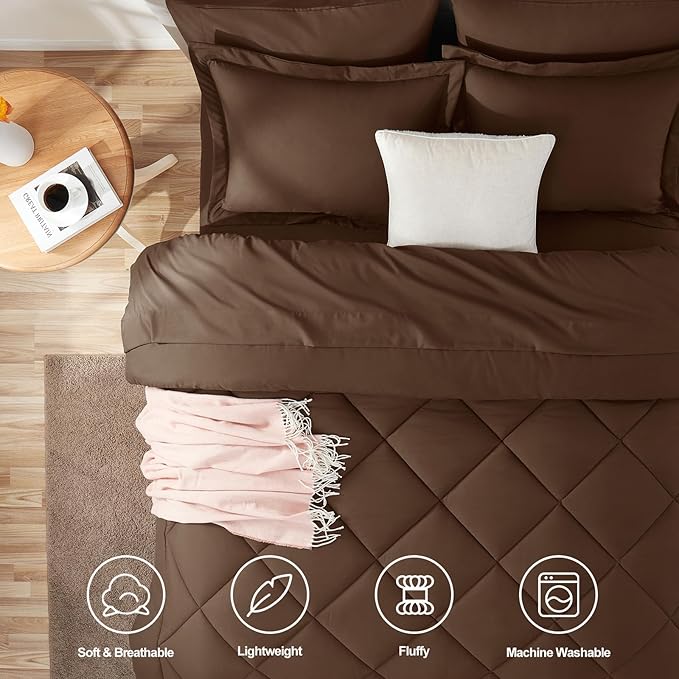 CozyLux Queen Comforter Set Brown - Bed in a Bag Queen Size 7 Pieces Luxury Soft Bed Set for All Seasons Bedding Set with Down Alternative Comforter Sheets Pillowcases &amp Shams