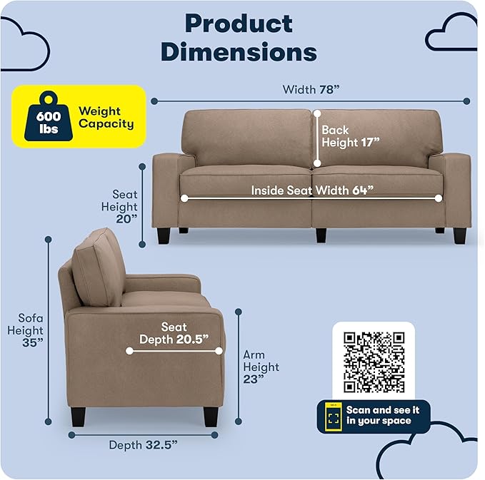 Serta Palisades 78 Track Arm Sofa Easy Care Polyester Soft Pillow Back Pocket Coil Seat Cushions Removable Covers Loveseat or Couch for Small Spaces Living Rooms or Bedrooms Tan