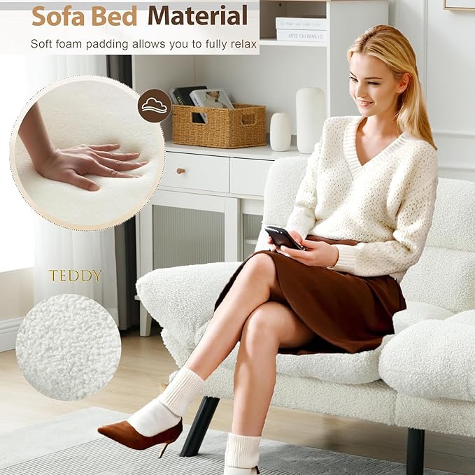 Modern White Teddy Convertible Folding Futon Couch Sofa Bed Adjustable Pillow Top Arm Memory Foam Couch Double Loveseat Sofa for Compact Living SpaceDormGame StudioApartmentBedroom (White Teddy)