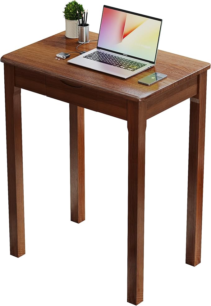 Wood Desk with Drawers - Solid Wood Mid Century Modern Desks for Bedroom Small Computer Desk for Laptop Study Makeup 23.6 W x 29.5 H x 15.7 D in Walnut Color
