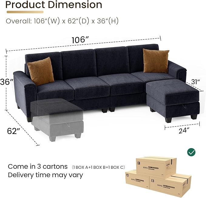 KKL Modular Sectional Sofa Couch for Living Room 106 Inches L Shaped Couch with Storage 5 Seater Corduroy Home Sofas Modern Couches with Chaise for Apartment Sofas para Sala Navy Blue