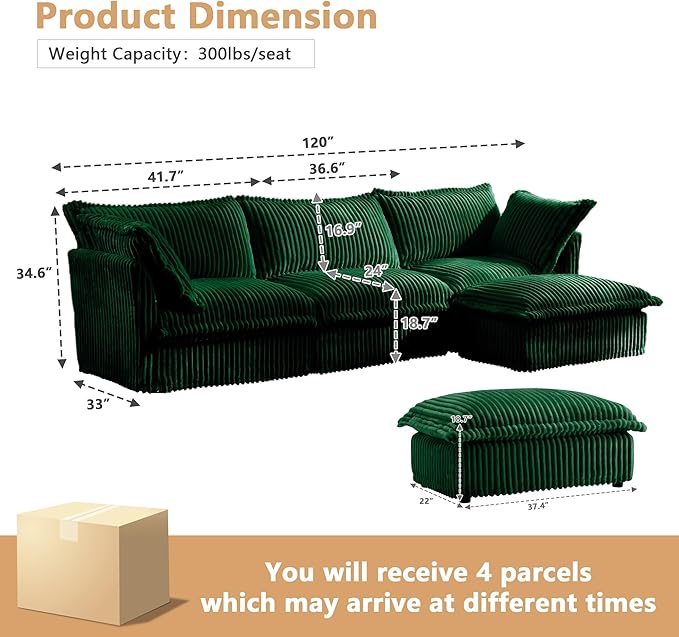 Aoowow Oversized Modular Sectional Sofa120” L-Shaped Comfy 3-Seat Sofa Couch with Movable Ottoman Upholstered Deep Seat Couches with Big Toss Pillows for Living Room Apartment OfficeGreen-Corduroy