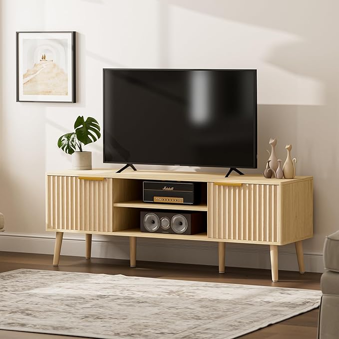 TV Stand for Living Room Boho Entertainment Center for 55/60 inch TVs Media Console with Fluted Door Cabinets and Open Shelves for Bedroom Oak