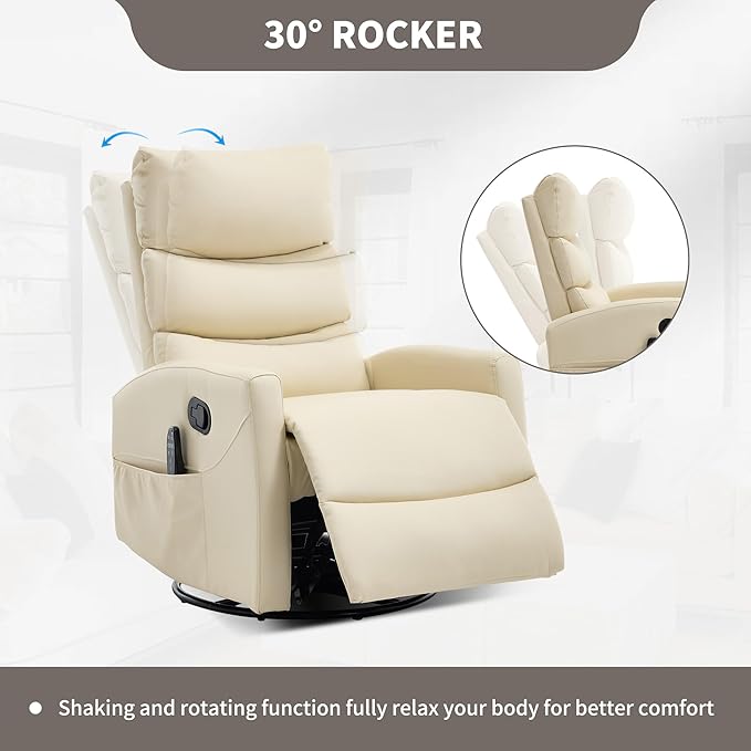 PELUMY 360° Swivel Rocker Recliner with Heat &amp Vibration Massage Glider Rocking Chair for Adults Compact Recliner for Living Room Small Spaces Nursery Bedroom (Breathable Leather Creamy Beig