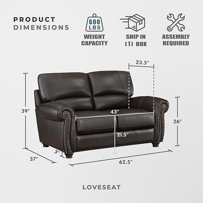Lexicon Leather Match Couch for Living Room with Wood Frame Rolled Armrest &amp Nailhead Trim Top Grain Leather Match Sofa for Bedroom Office Waiting Room 2-Seater Loveseat Dark Brown