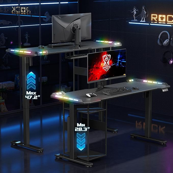 Gaming Standing Desk with LED Lights &amp Host Shelf 55 x 24 Gaming Table with Music Sensing APP Control Underdesk Cable Storage Electric Standing Desk Black Carbon Fiber PC Table for Home Offic