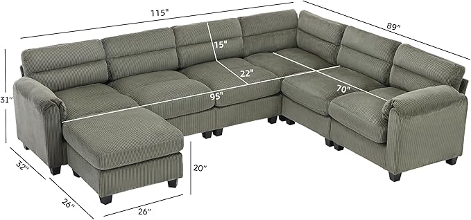 CANMOV Modular Sectional Couches with Ottoman Convertible U Shaped Sofa Couch 7 Seat Sofa with Chaise for Living RoomCorduroy Couch Green
