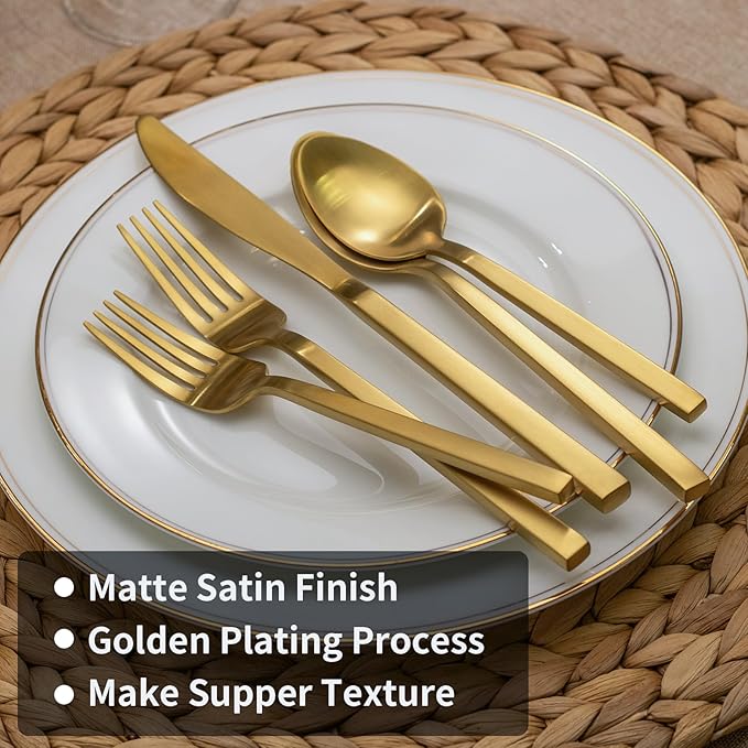 Alata Cube Matte Gold 40-Piece Flatware Set Forged Cutlery Set Service for 8 Stainless Steel Tableware with Square Handle for Home/Restaurant Dishwasher Safe