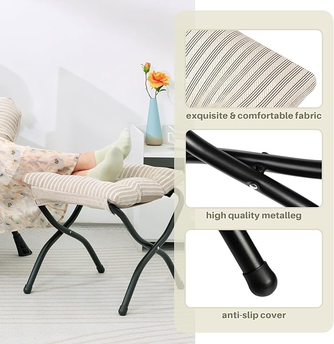HollyHOME Lazy Chair with Foldable Ottoman Accent Comfy Lounge Armchair and Folding Footrest Stool Leisure Sofa Reading Chair and Footstool for Living Room Bedroom DormBeige Stripe