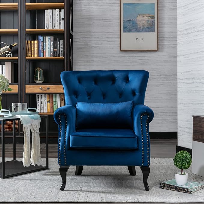 Accent Reading Arm Chairs Set of 2 for Living Room Bedroom Midcentury Modern Comfy Corner Sofa Chair Wingback Waiting Room Club Chair with Button Tufted Back &ampLumbar Pillow Velvet Blue