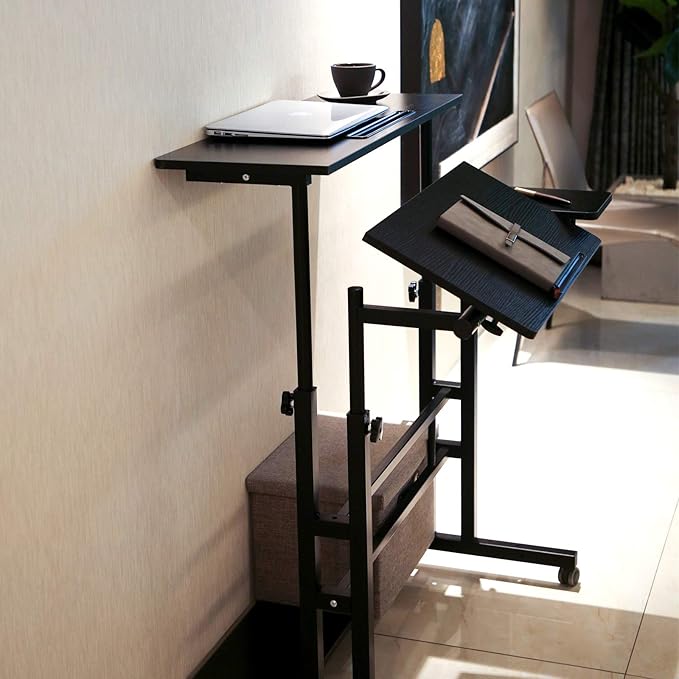 Portable Standing Desk Small Standing Desk with Wheels Standing Laptop Desk Mobile Standing Desk for Home Office Adjustable Standing Desk Stand Up Computer Desk Rolling Laptop Cart Black