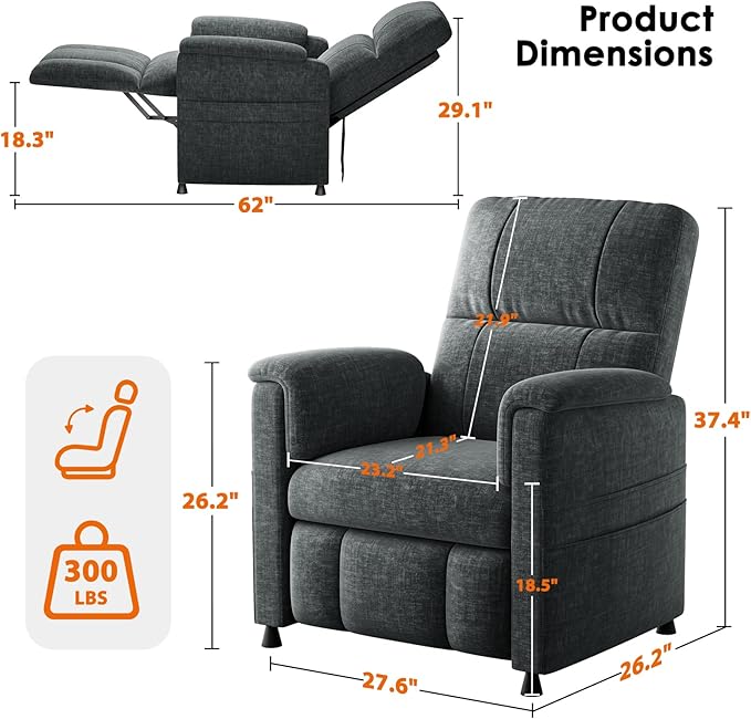 Pipishell Power Recliner Chair for AdultsElectric Recliner with Remote Adjustable Recline/Footrest Chenille FabricThick Seat Cushion Small Recliner for Living Room Home Theater Black