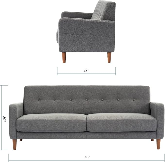 Mellow Adair Mid-Century Modern Sofa Couch with Armrest Pockets Tufted Linen Fabric Dark Heather Grey