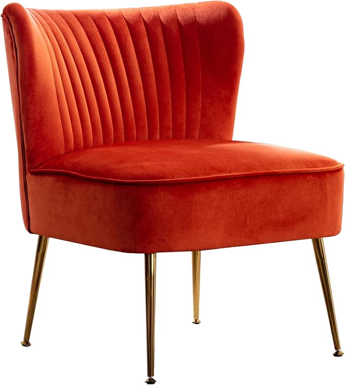 WO Home Furniture 25 Wide Tufted Velvet Accent Chair with Rust Resistant Golden Metal Legs Premium Quality Rust Resistant Seat for Your Den Living Room Bedroom Inside Area (Orange)