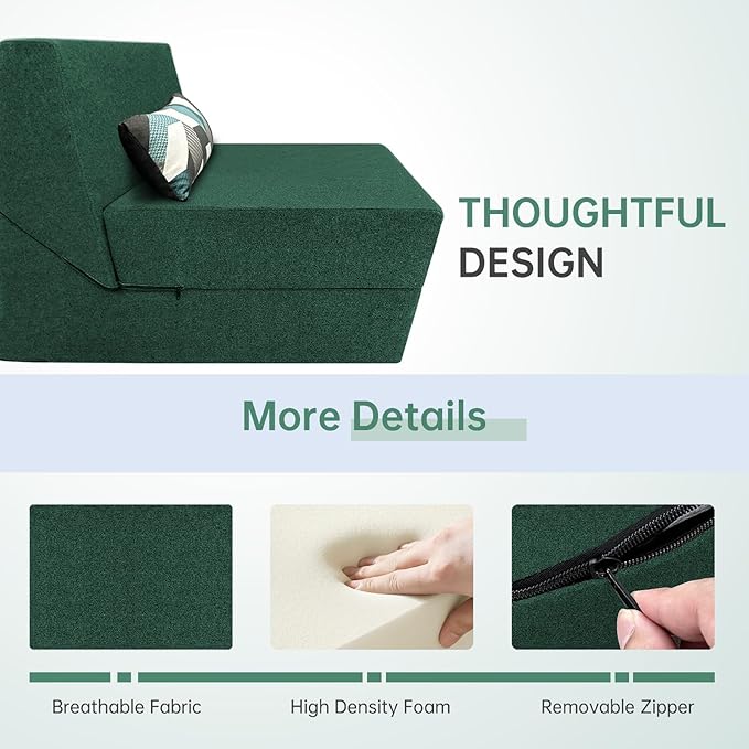 ANONER Convertible Chair Bed Sleeper with Memory Foam &amp Pillow Fold Out Chair Bed Couch Lounge Chaise for Living Room Bedroom Guest Room Home Office Dark Green