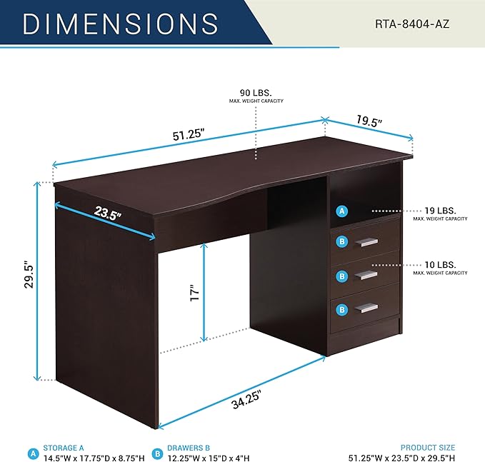 Techni Mobili 51 Classic Computer Desk with Drawers 3-Drawer Home Office Desk with Storage (Brown)