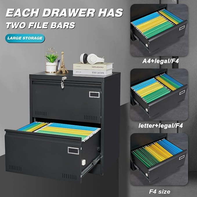Metal Lateral File Cabinet with 2 Drawers Office Filing Storage Locking Cabinet for Home Office Heavy Duty Office Storage Cabinet for Legal/Letter/A4/F4 Size (Require Assembly) (Black)